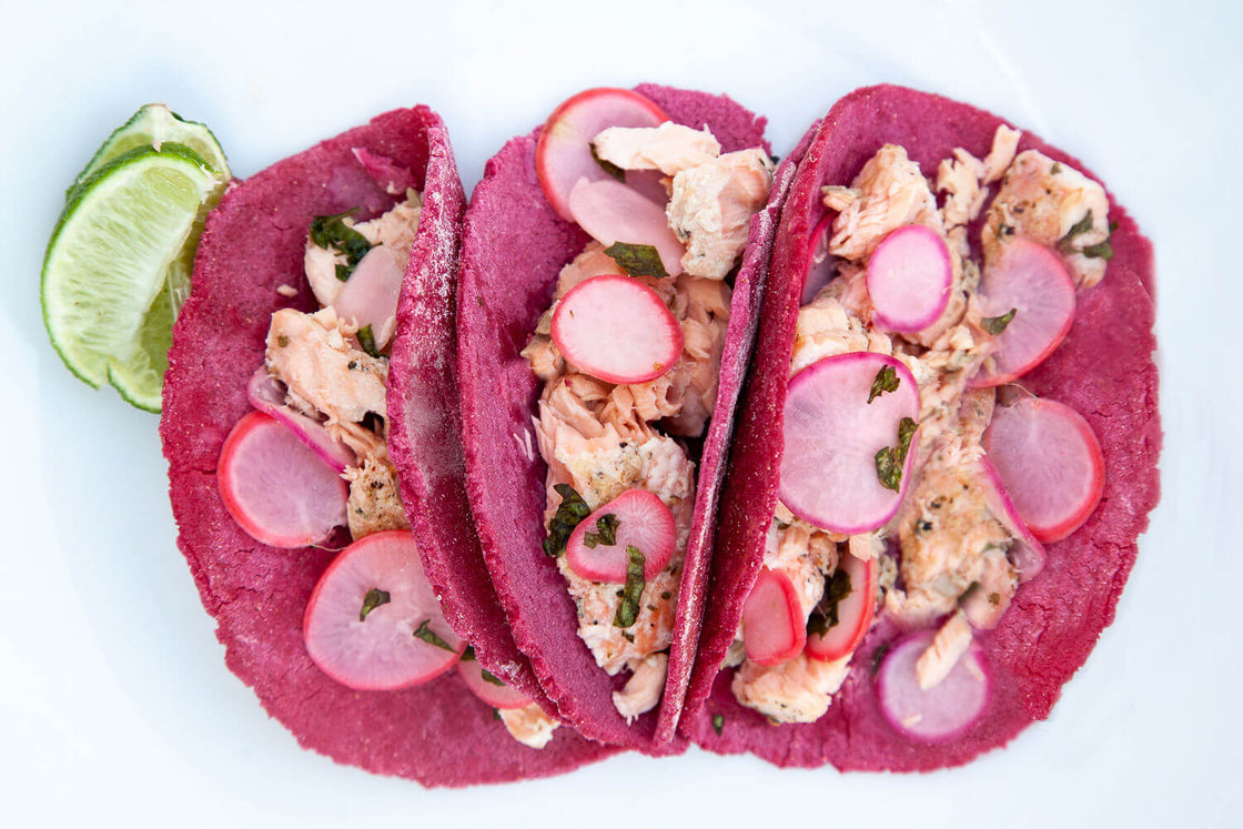 It’s Taco Time: Red Beet Salmon Tacos with Red Beet Crystals